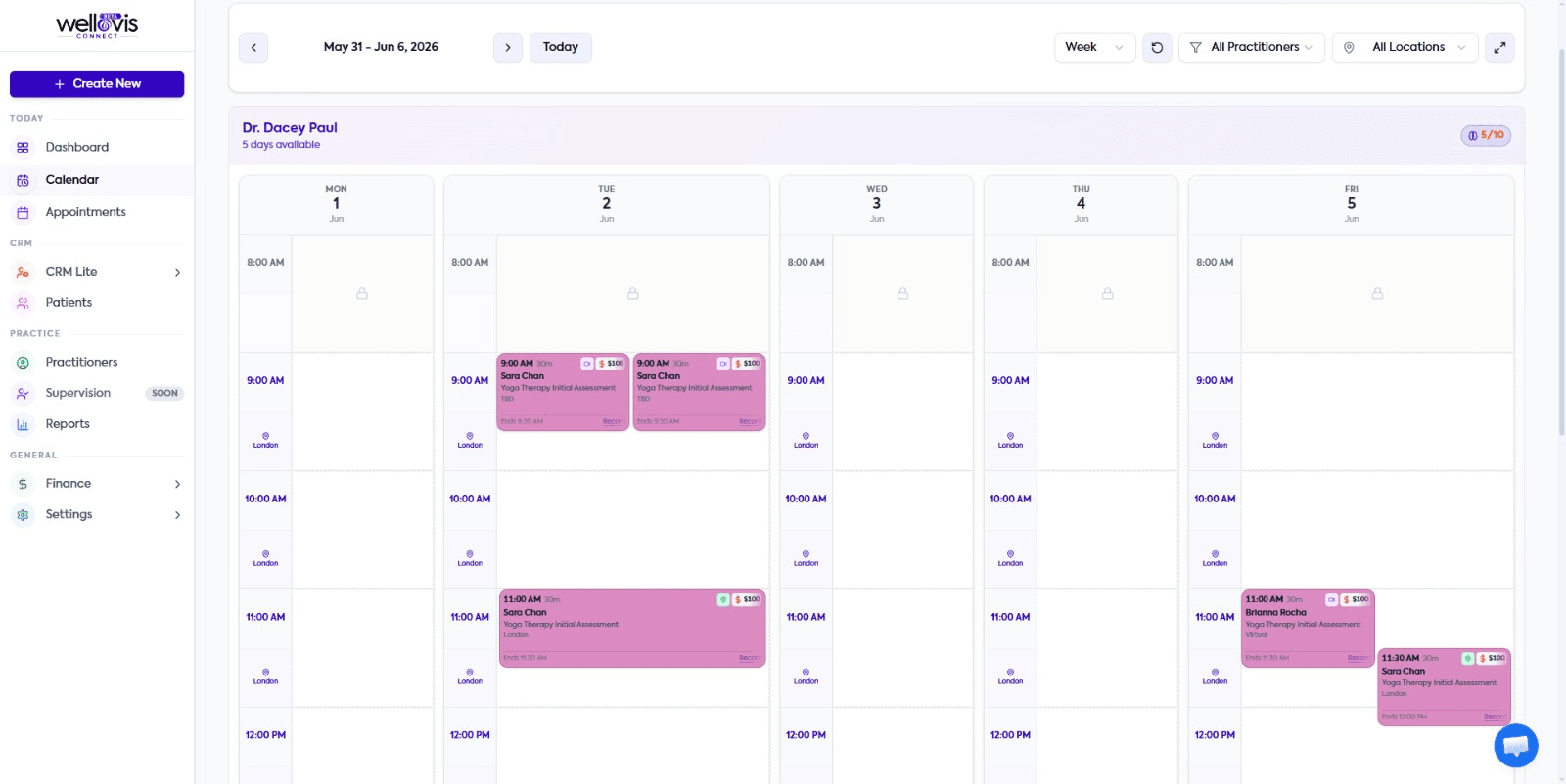 Scheduling calendar — Wellovis Connect