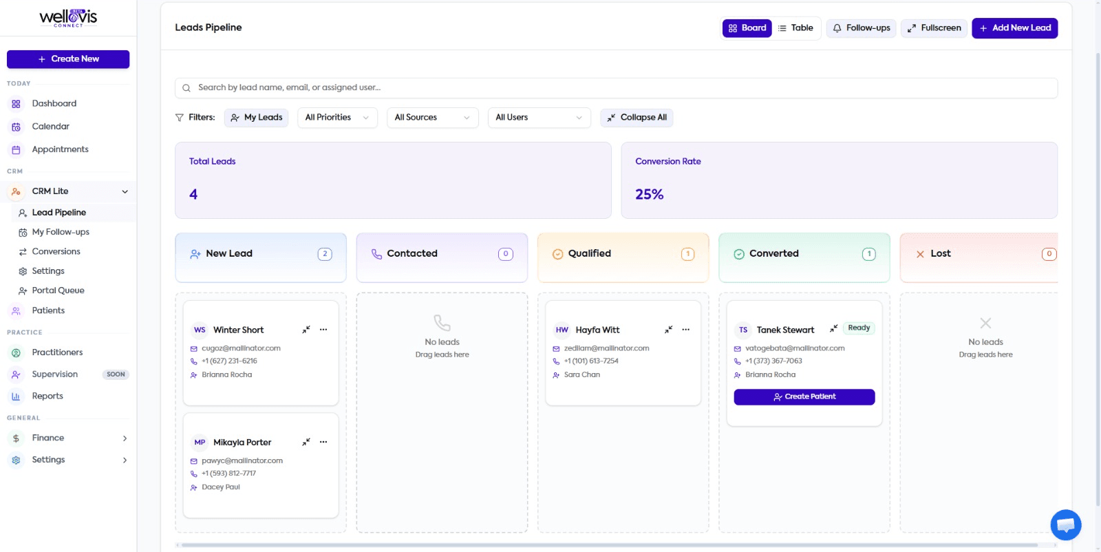 Built-in practice CRM and lead pipeline in Wellovis Connect