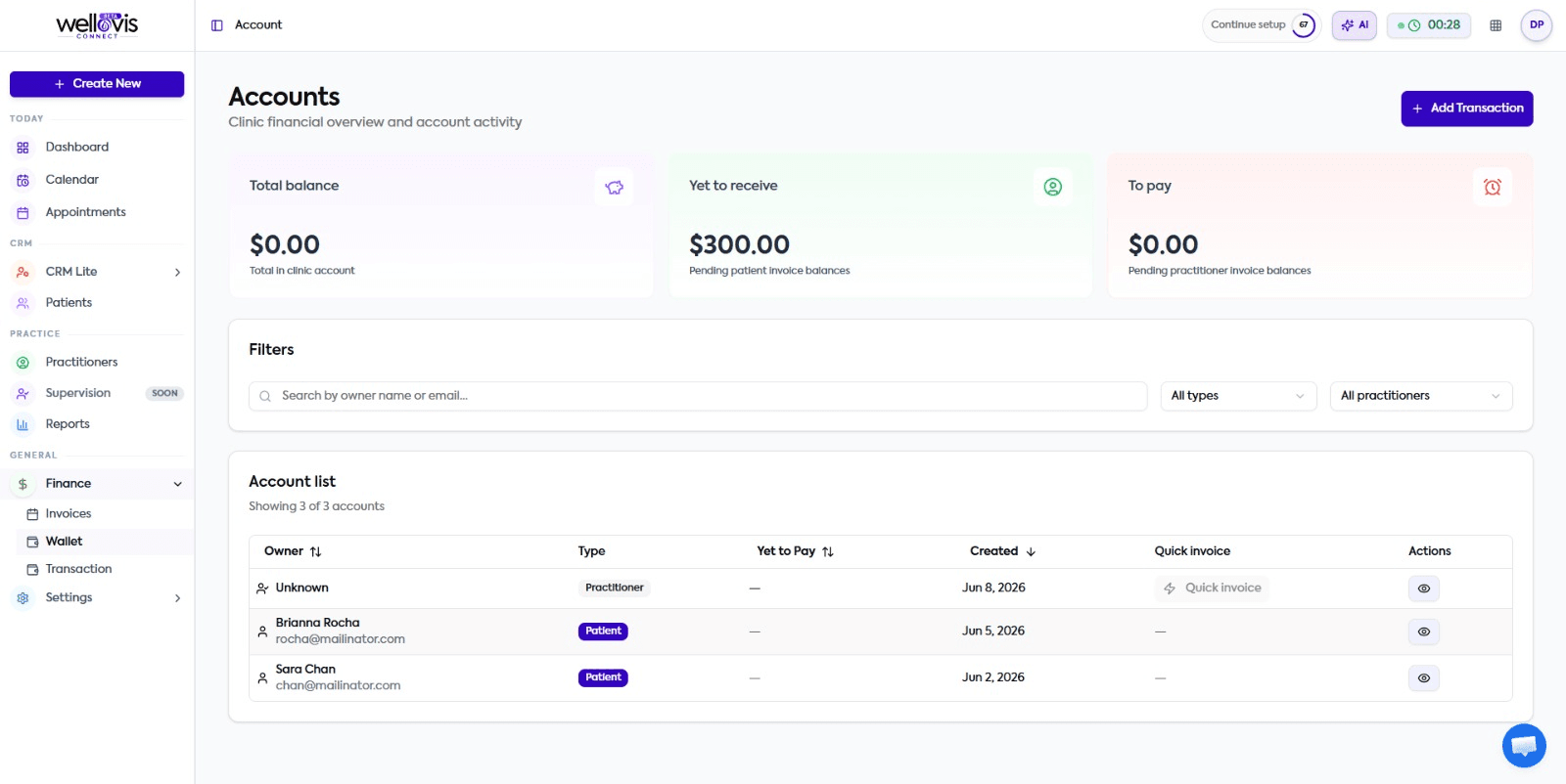 Group practice finance and accounts in Wellovis Connect