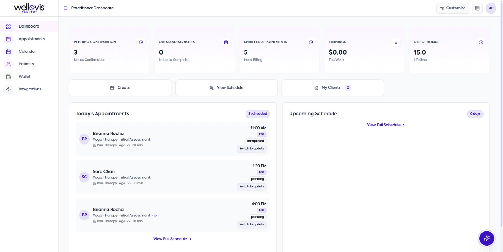 Solo practitioner dashboard in Wellovis Connect