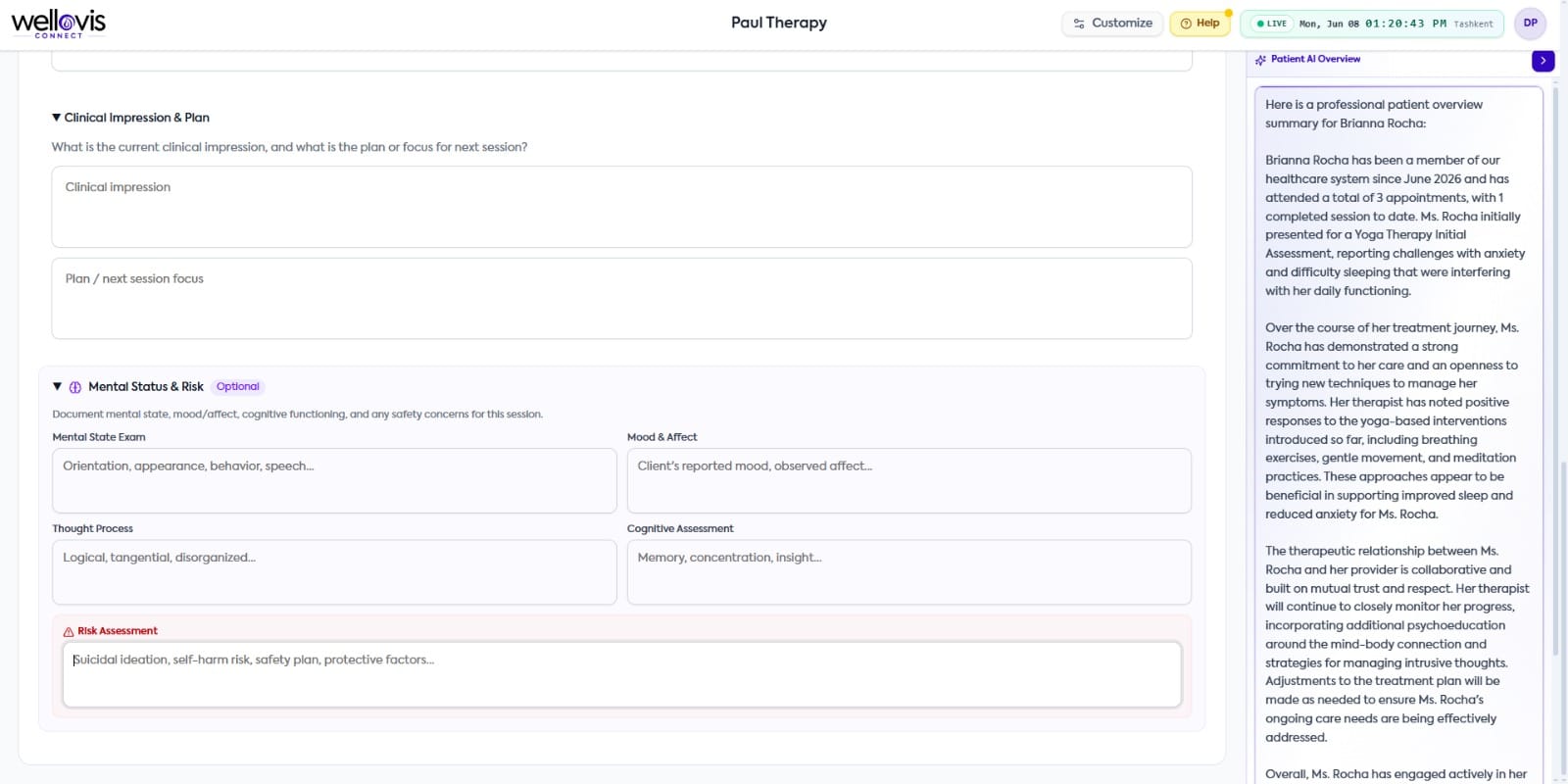 Assessment & clinical notes — Wellovis Connect