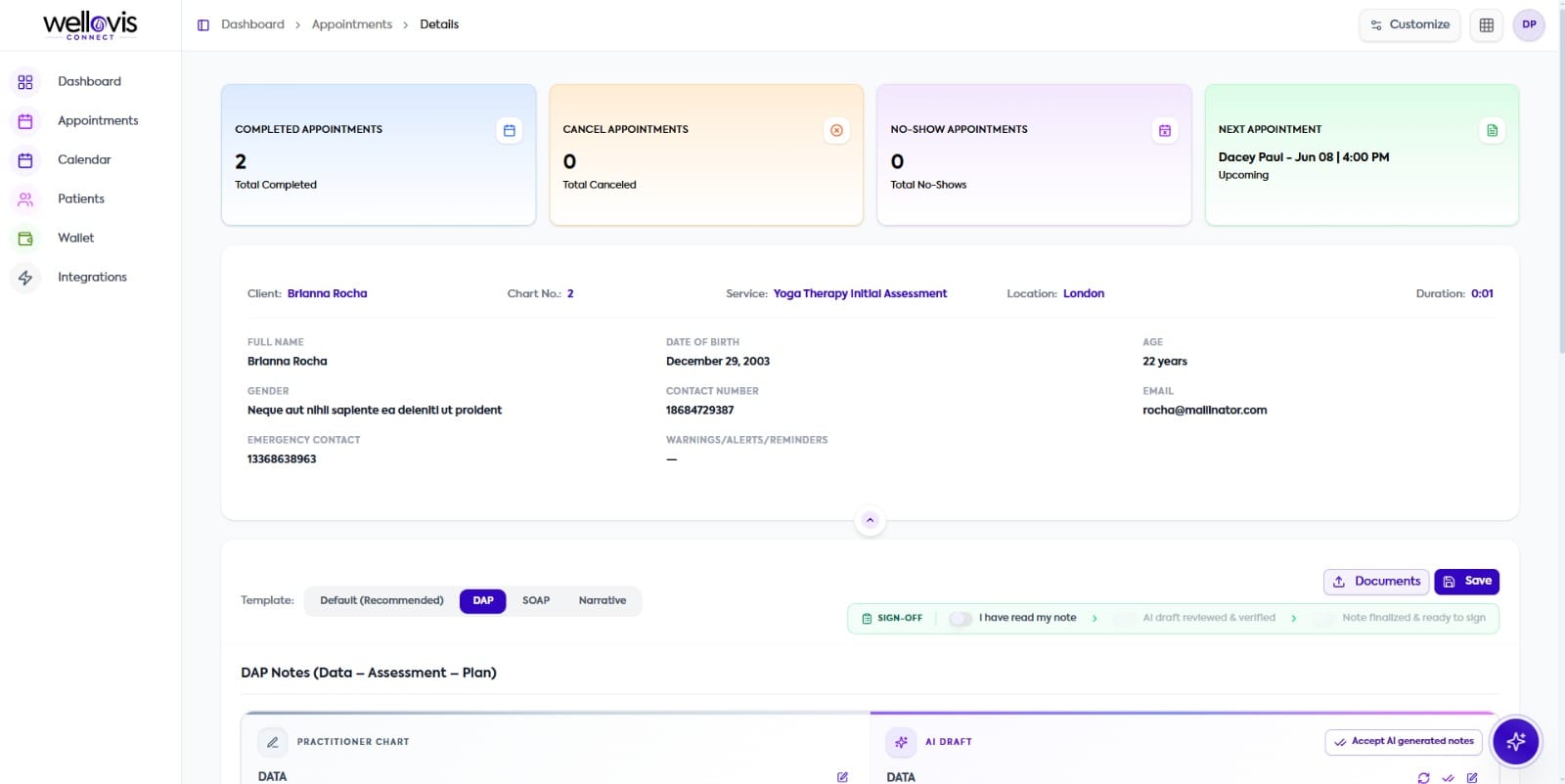 Psychology practice appointment and client overview in Wellovis Connect