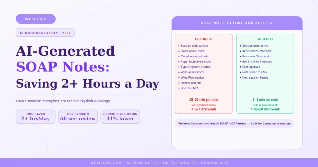 AI generated SOAP notes saving 2 plus hours a day for Canadian therapists showing before and after comparison of documentation time with Wellovis Connect AI clinical notes