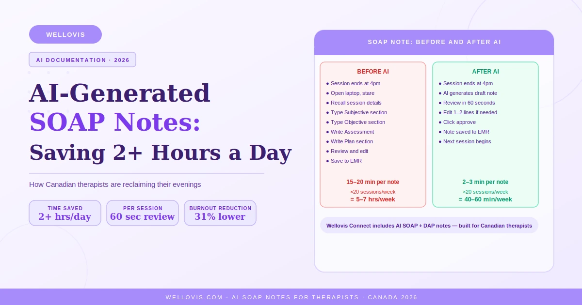 AI generated SOAP notes saving 2 plus hours a day for Canadian therapists showing before and after comparison of documentation time with Wellovis Connect AI clinical notes
