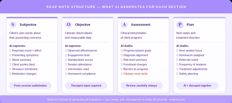 SOAP note structure diagram showing Subjective Objective Assessment and Plan sections with what AI generates automatically and what therapist review is required for Canadian therapy documentation
